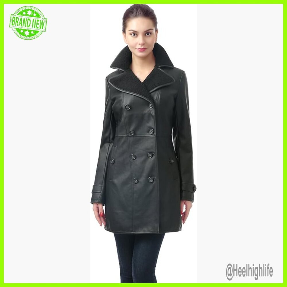 Faux Leather Walking Coat with Faux Fur Collar, Double Breasted, Long Sleeve